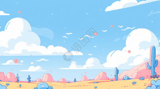 蓝天白云沙漠蓝天白云下长着仙人掌的卡通沙漠卡通风景插画