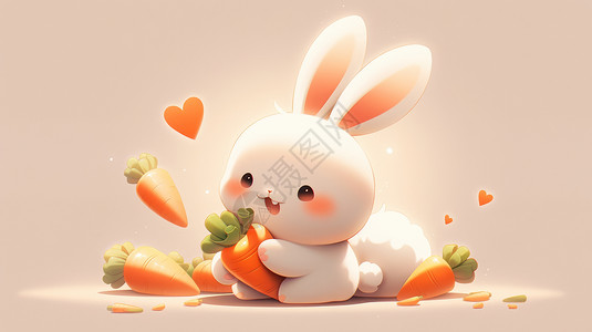 抱着胡萝卜吃的可爱卡通小白兔背景图片