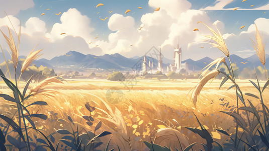 秋天山上唯美的卡通城堡与金黄色草地背景图片