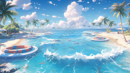 度假海滩蓝蓝的大海与白白的卡通云朵背景图片