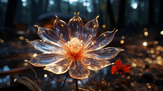 森林中发光透明花瓣的超现实花朵背景图片
