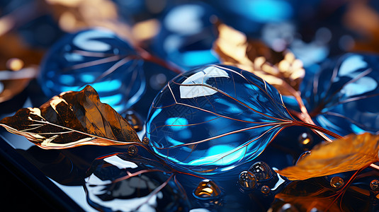 大理石质感超现实透明蓝宝石叶子与叶子插画