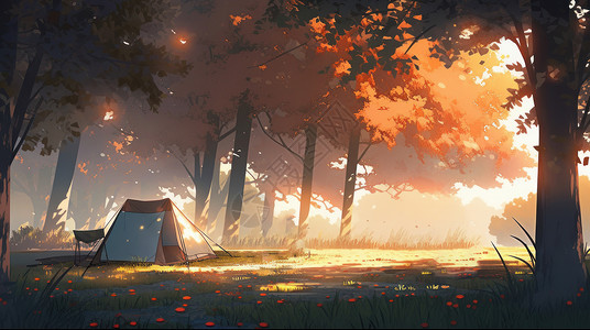 阳光洒在树林里秋天在森林树荫驻扎的帐篷卡通风景插画