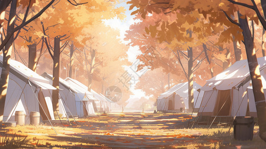 阳光洒在树林里在金黄色卡通森林中一片露营基地插画