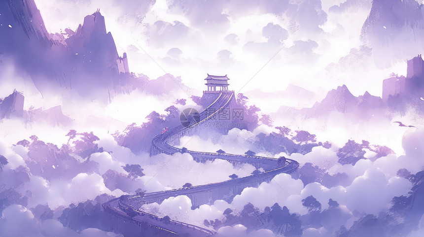 山顶上间紫色调卡通建筑图片