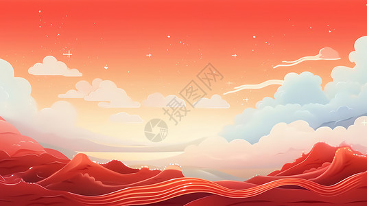 扁平风山和云红色喜庆的山川卡通背景插画