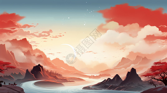 红色喜庆的卡通晚霞与山川风景背景图片