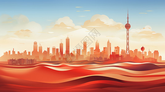蓝天下抽象喜庆的卡通城市背景图片
