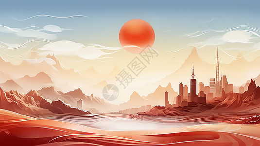 喜庆的扁平风卡通城市风景背景图片