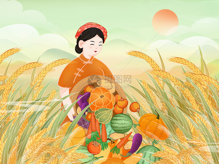 秋季粮食大丰收横板插画图片