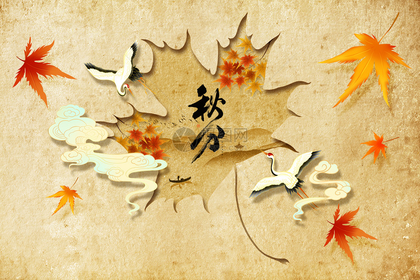 秋分中式创意枫叶飞鹤图片