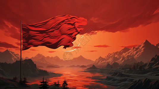 运动会旗子飘扬卡通风景在湖边山上飘扬的红旗插画