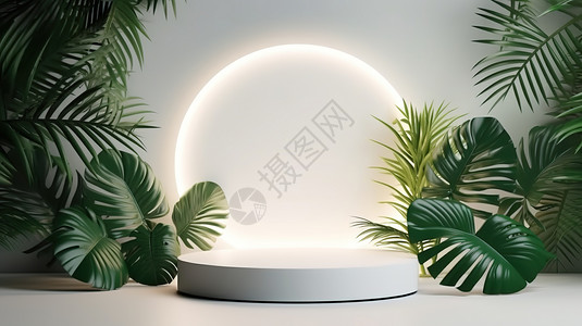 热带树叶白色发光圆形产品展示台背景图片