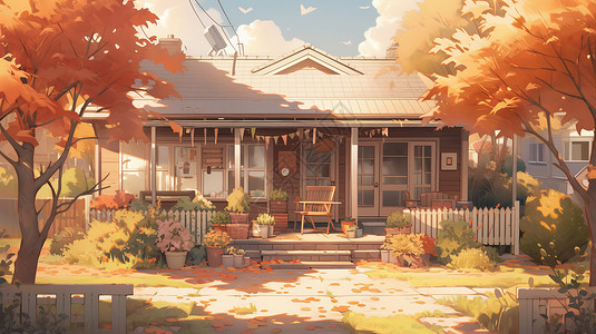 秋天有院子幽静的卡通小木屋背景图片