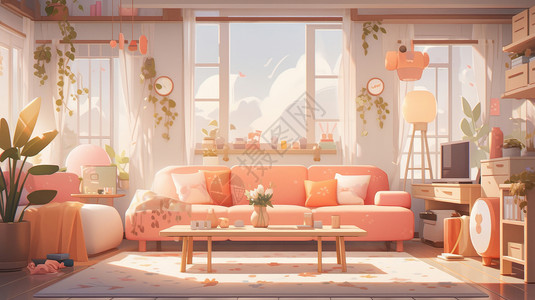 温馨的粉色卡通沙发放在客厅中间图片