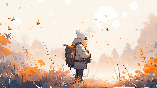 背旅行包可爱的卡通女孩背影站在金黄色卡通草丛中插画