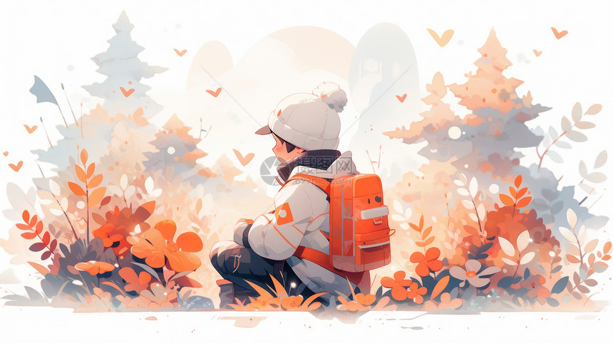 秋天背着书包坐在枯黄的草地上的卡通男孩图片