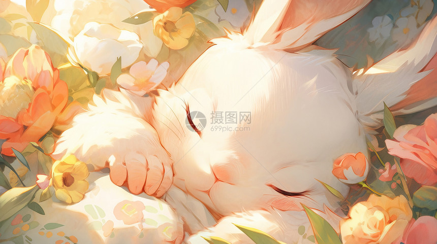 躺在花丛中睡觉的卡通小白兔图片