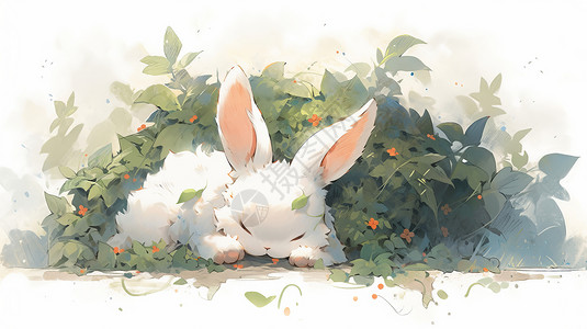 倚靠着植物睡觉的可爱卡通小白兔背景图片