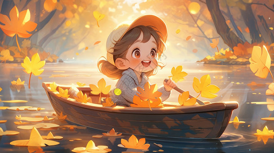 秋天坐在小船上欣赏秋天落叶的卡通女孩图片