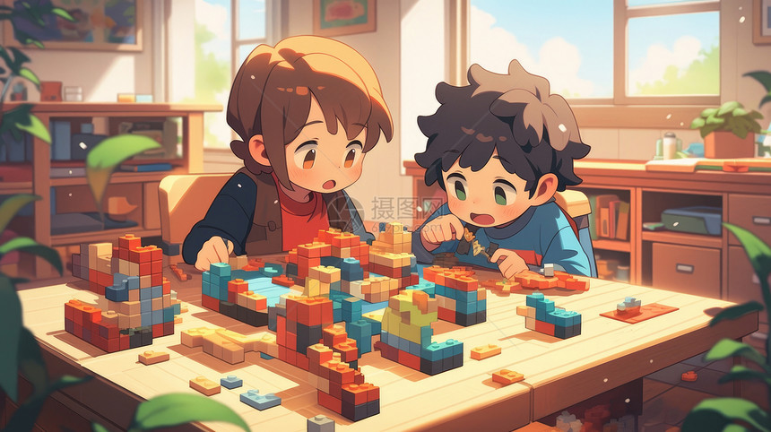两个可爱的卡通小孩在游戏桌上玩游戏图片