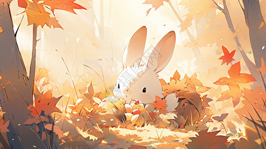 秋天在枫叶林中呆萌可爱的卡通小白兔背景图片