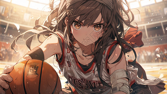 满身汗水眼神坚定打篮球的卡通女孩背景图片