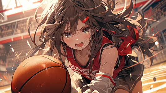 在篮球场上穿运动衣打篮球的卡通女孩图片