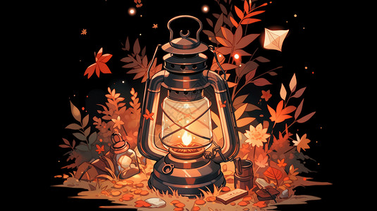 深色叶子秋天在草丛中明亮的卡通露营灯插画