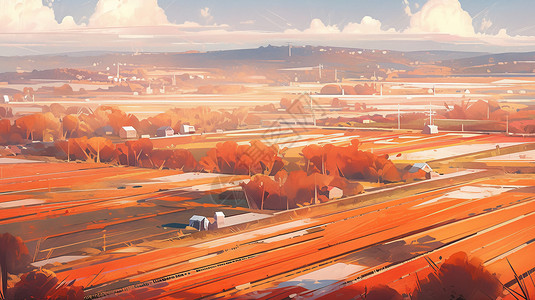 秋天美丽唯美的卡通田野鸟瞰图背景图片