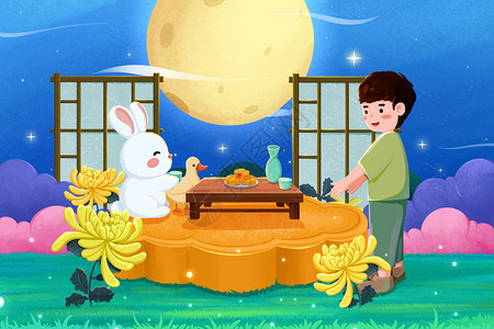 小兔子吃月饼和小兔子一起吃月饼插画