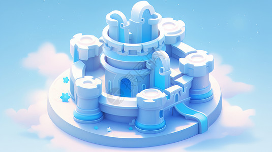 蓝色云立体插图蓝色立体可爱的卡通城堡插画