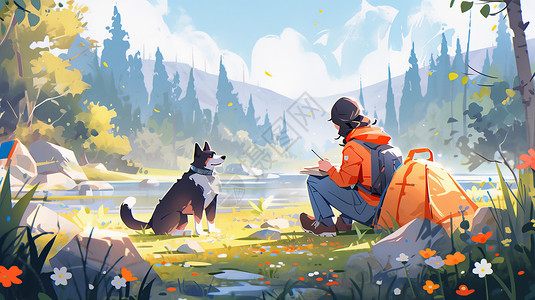 假期在湖边露营休息的卡通人物与宠物狗背景图片