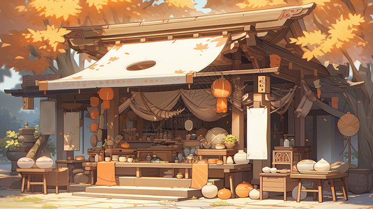 秋天在树下的传统风格卡通木屋商店背景图片