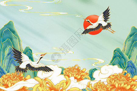 手绘仙鹤国潮风重阳节背景设计图片