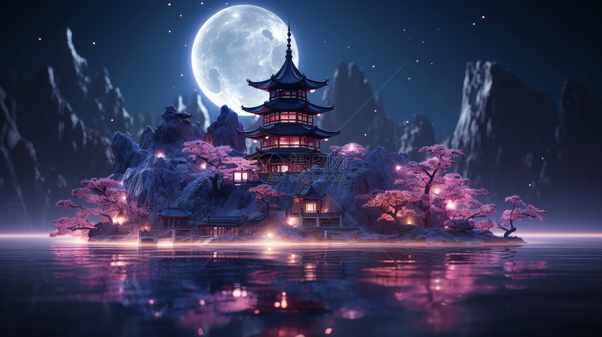 在圆圆的月亮下湖中心一座美丽的卡通古建筑风景图片