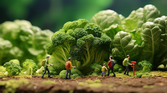 创意农产品西兰花微观创意小人背景图片