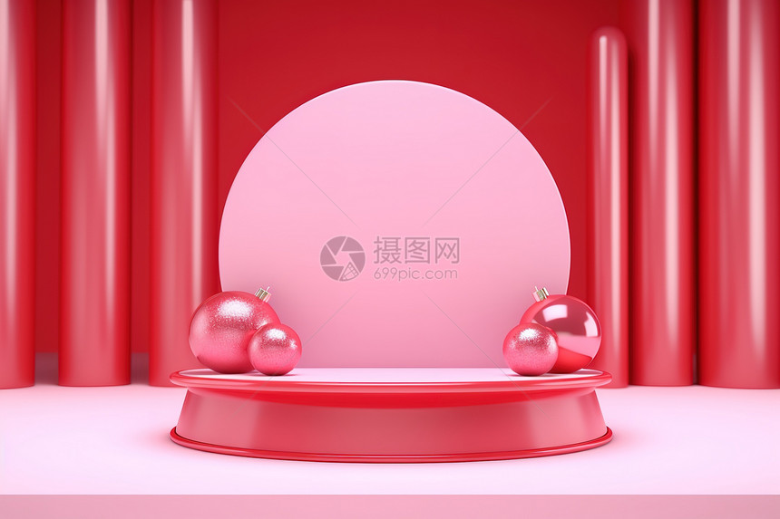 3D立体圣诞圆形电商展台红色背景图片