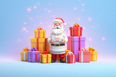 节日礼品盒3D圣诞老人与礼品盒插画