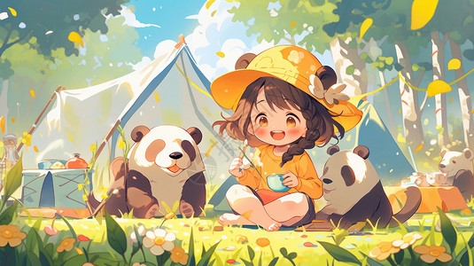 戴黄色帽子坐在草地上与熊猫一起露营的卡通女孩图片