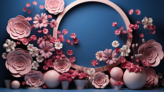 粉色立体卡通花朵与蓝色背景电商场景背景图片