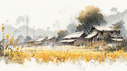 秋天金黄色的草地上一片水墨风卡通老房子背景图片