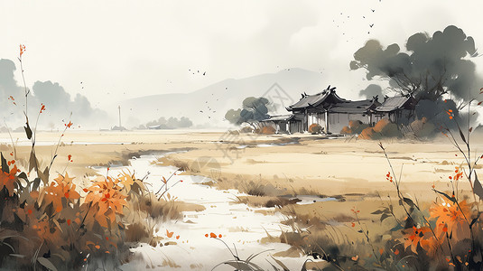 秋天水墨风卡通古屋与枯黄的草地背景图片