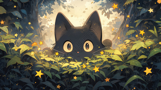 躲在草丛后可爱的卡通小黑猫图片