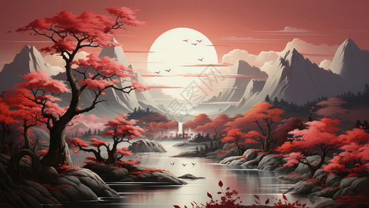 秋天山水风景画唯美喜庆的卡通古松山水风景画插画