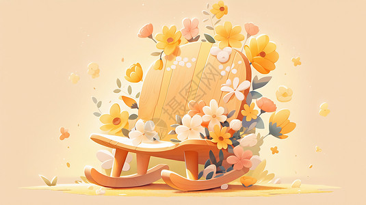 可爱的卡通木头摇椅上很多花朵图片