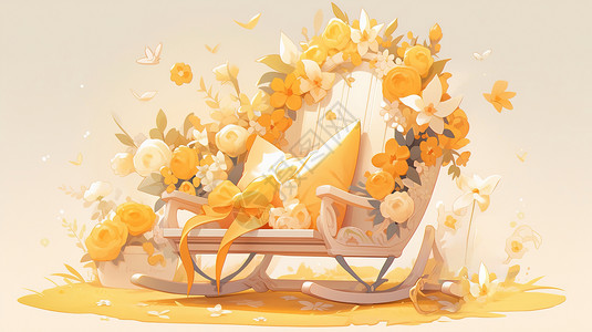 黄色蝴蝶结放着蝴蝶结抱枕的可爱卡通花朵摇椅插画