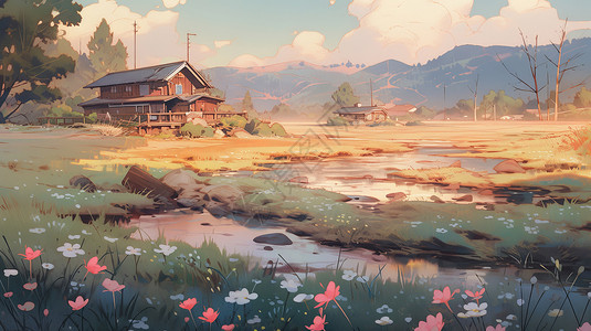 小河旁两座可爱的卡通小房子背景图片