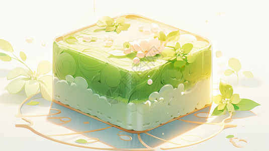 抹茶甜品方形漂亮的卡通绿色月饼插画