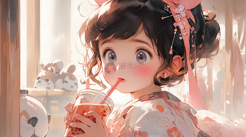 大眼睛漂亮的卡通女孩在喝奶茶图片
